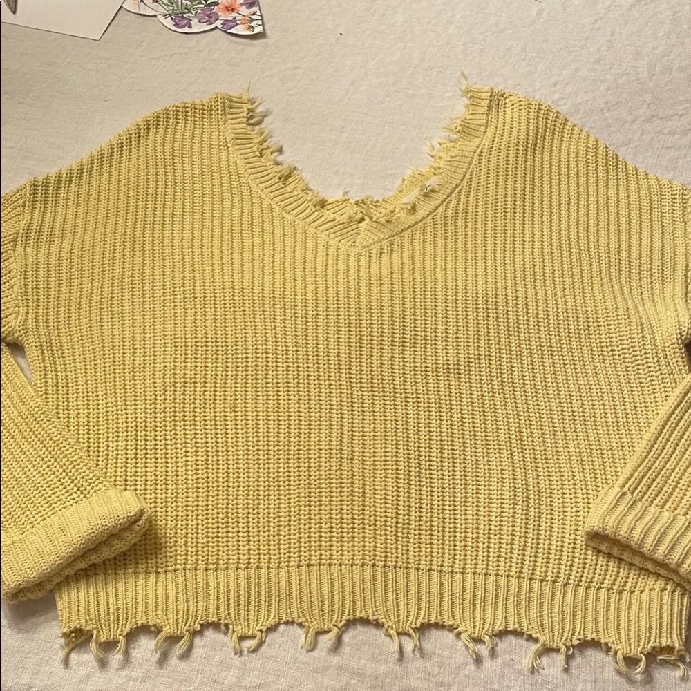 Jessica Simpson Mustard V-Neck Sweater with Distressed Hem